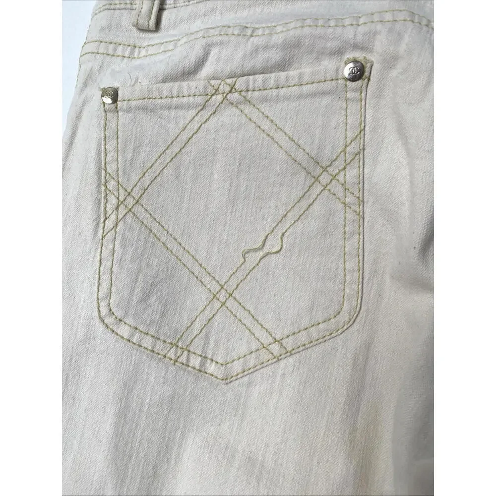 Vintage 07P CHANEL FR-36 Slim Leg Cream Cotton Jeans Pants 2007
